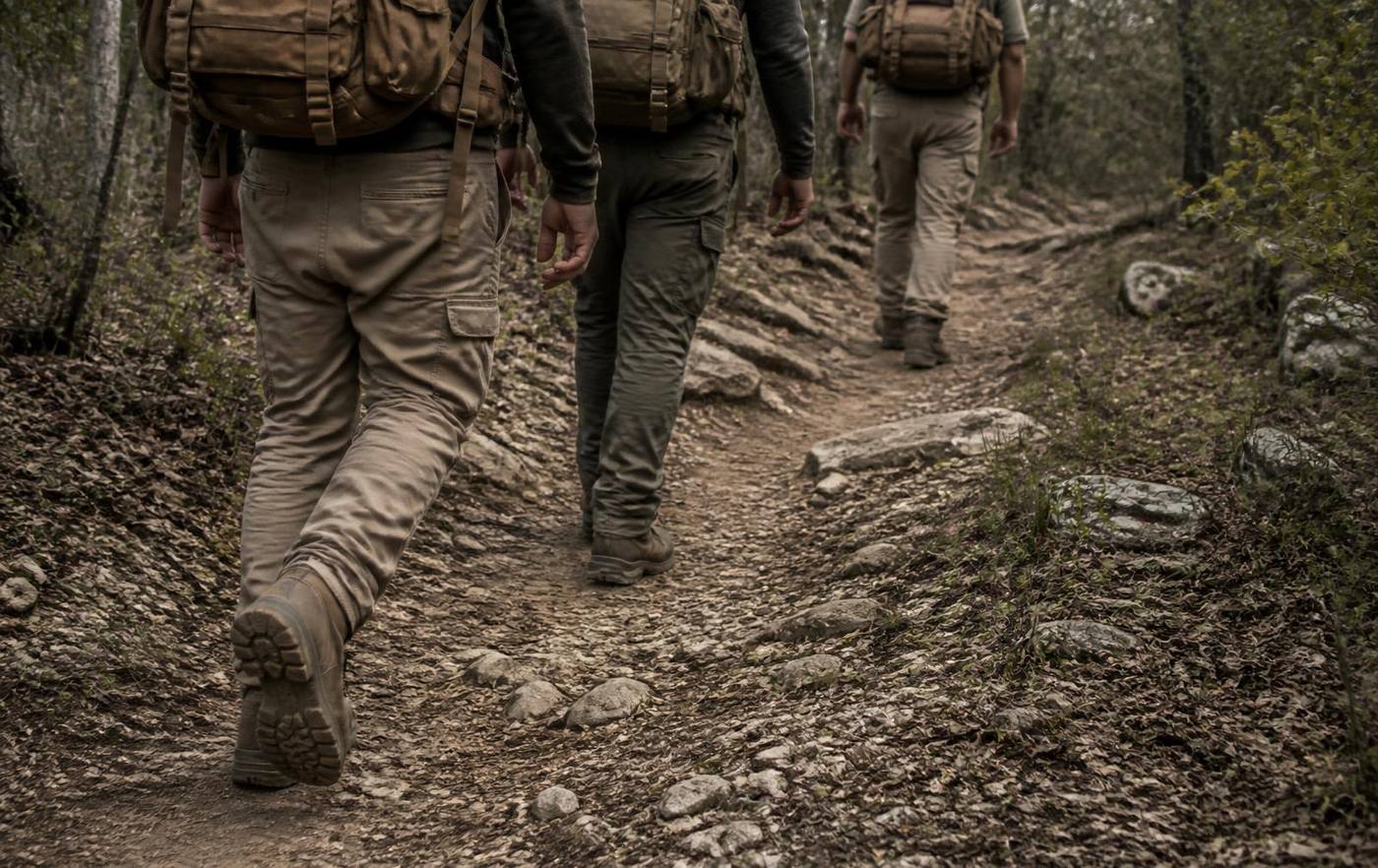 Three men in weighted ruck packs walking single file on a rocky North Texas dirt trail